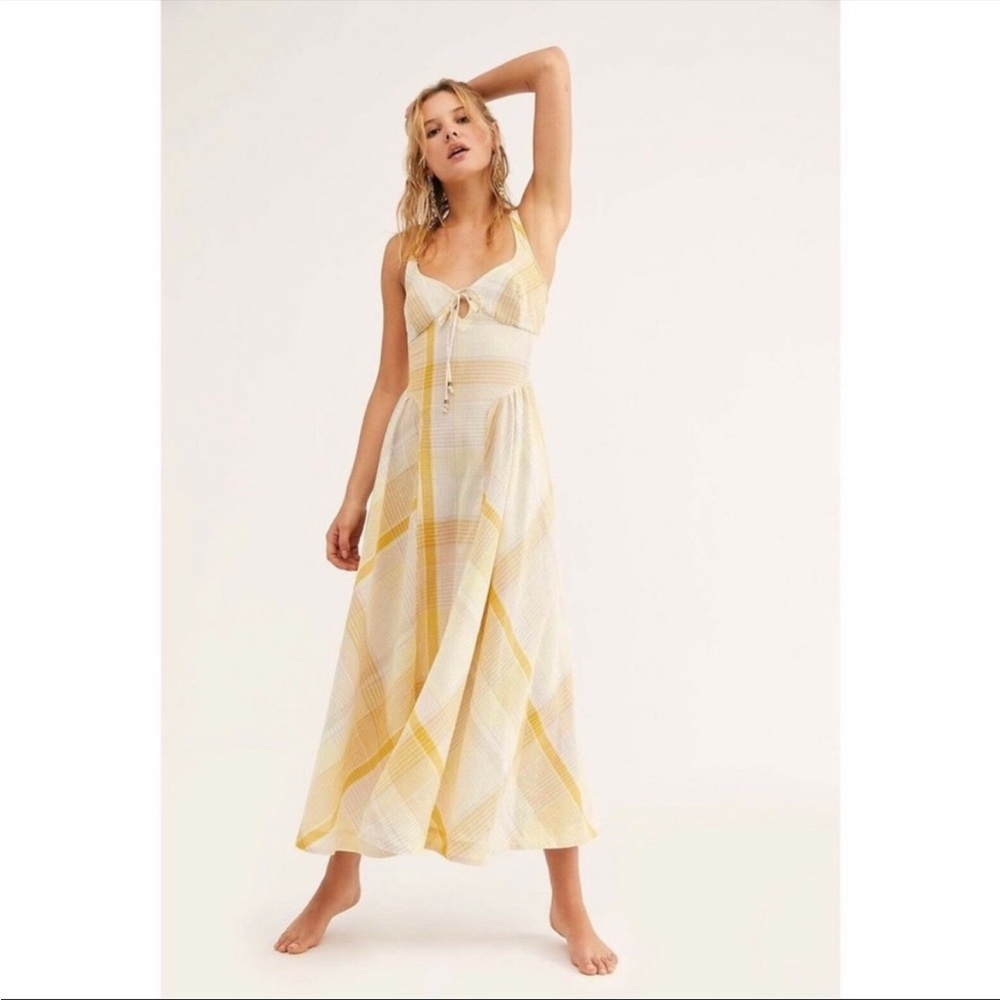 Free People Yellow & Cream Plaid Midi Dress